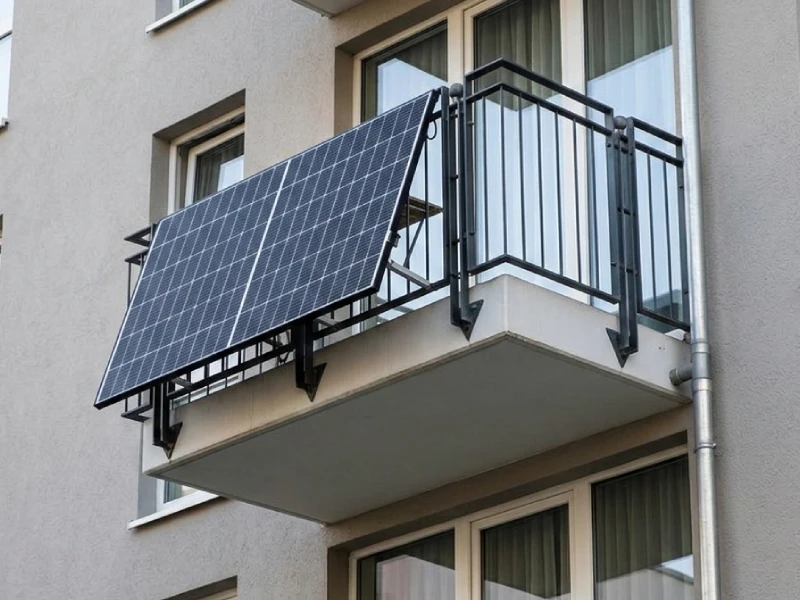 Urban apartment balcony with south-facing photovoltaic solar panels installed on railing under bright sun, sustainable energy solution